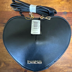 Bebe Black Malou Heart Crossbody Bag with Gold Hardware and Adjustable Strap